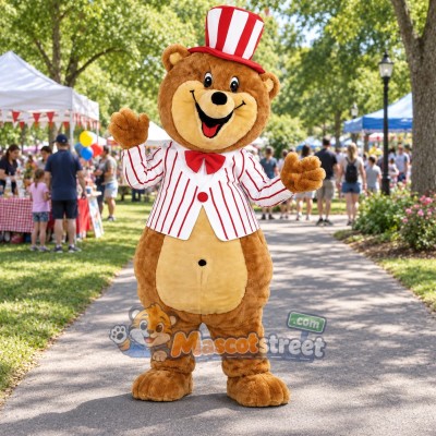 Brown Bear Mascot Costume with Striped Jacket and Top Hat