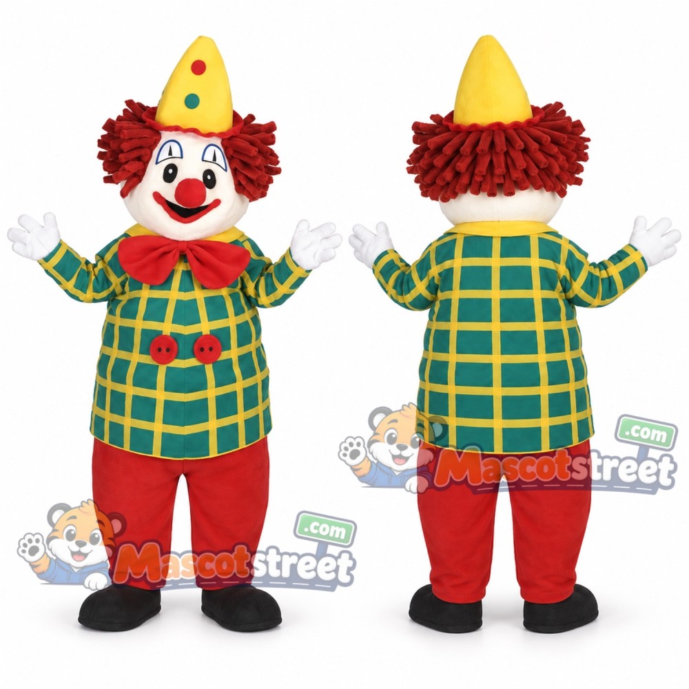 Clown Mascot Costume with Green Plaid Shirt, Red Pants and Yellow Hat Clown Mascot Costume with Green Plaid Shirt, Red Pants and Yellow Hat