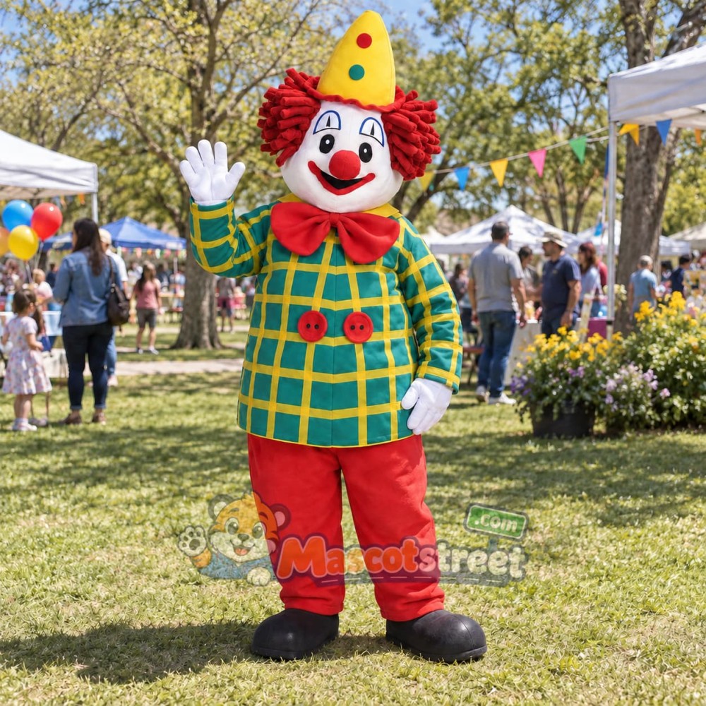 Clown Mascot Costume with Green Plaid Shirt, Red Pants and Yellow Hat Clown Mascot Costume with Green Plaid Shirt, Red Pants and Yellow Hat