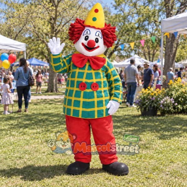 Clown Mascot Costume with Green Plaid Shirt, Red Pants and Yellow Hat