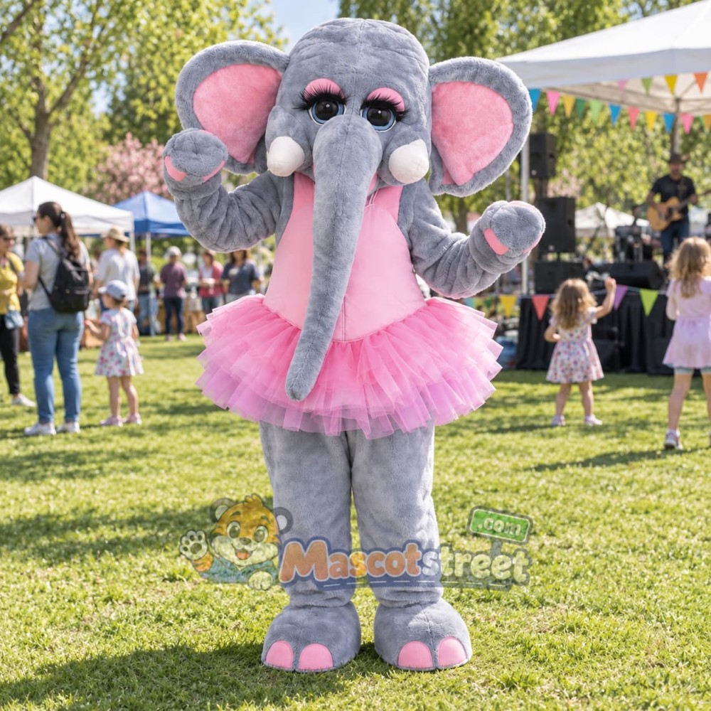 Gray Elephant Mascot Costume with Pink Tutu Gray Elephant Mascot Costume with Pink Tutu