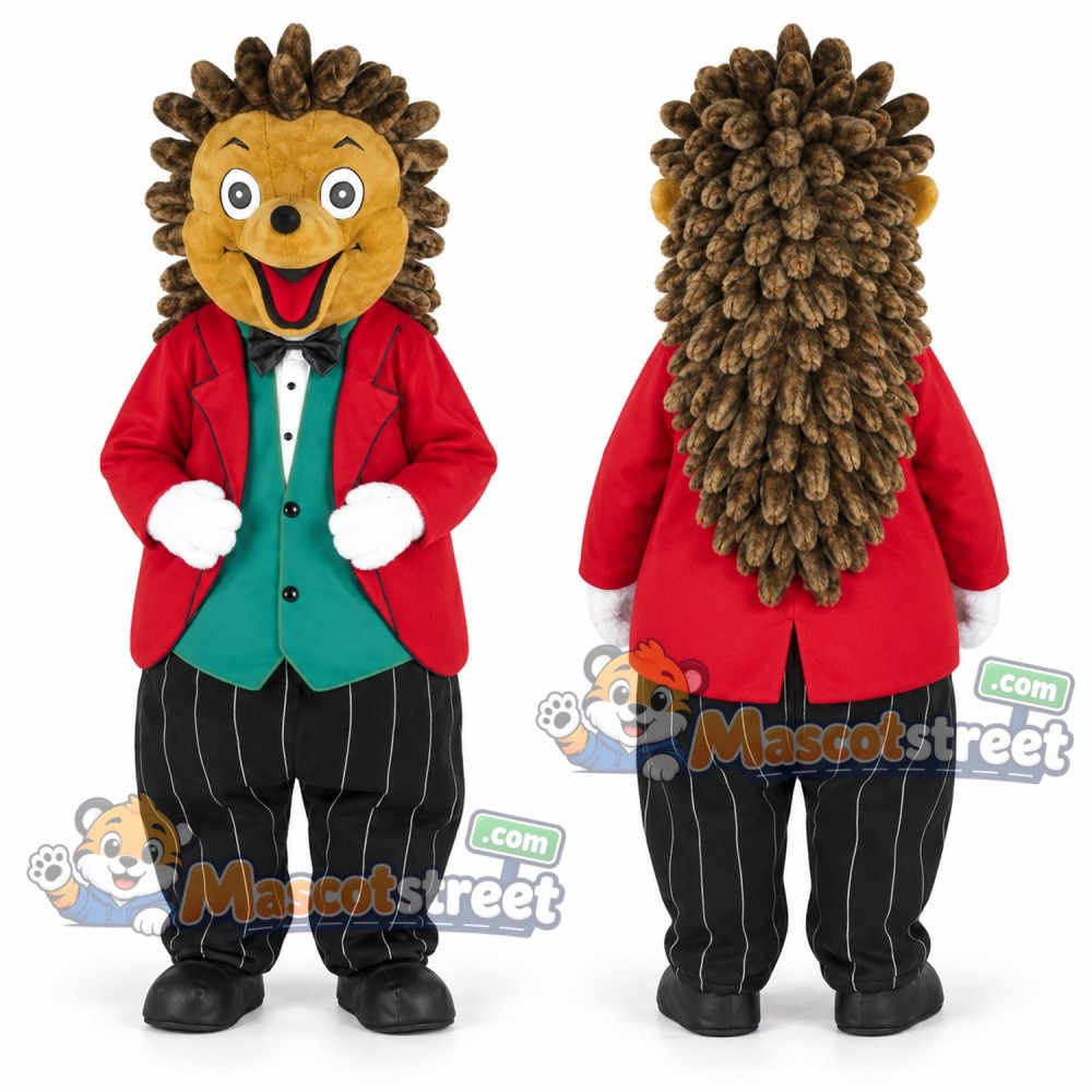Brown Hedgehog Mascot Costume with Red Jacket and Green Vest