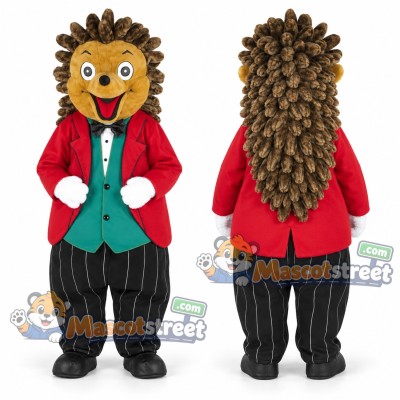 Brown Hedgehog Mascot Costume with Red Jacket and Green Vest