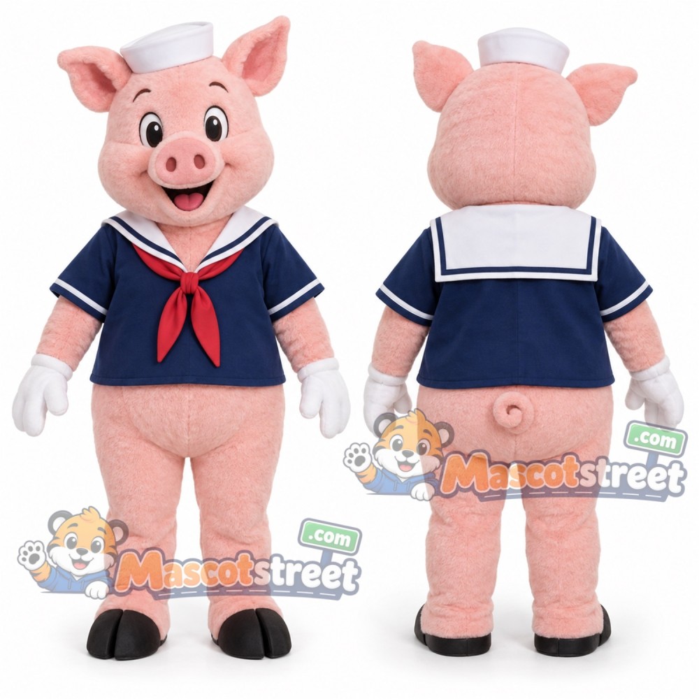 Pink Pig Mascot Costume with Navy Sailor Shirt