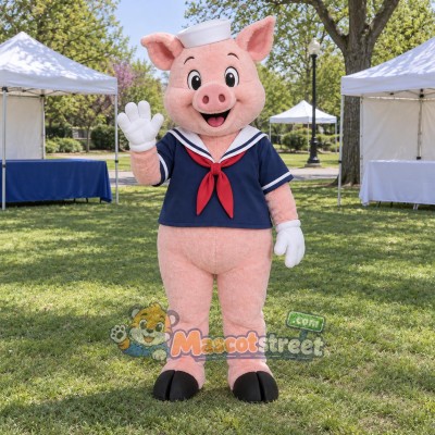 Pink Pig Mascot Costume with Navy Sailor Shirt Pink Pig Mascot Costume with Navy Sailor Shirt