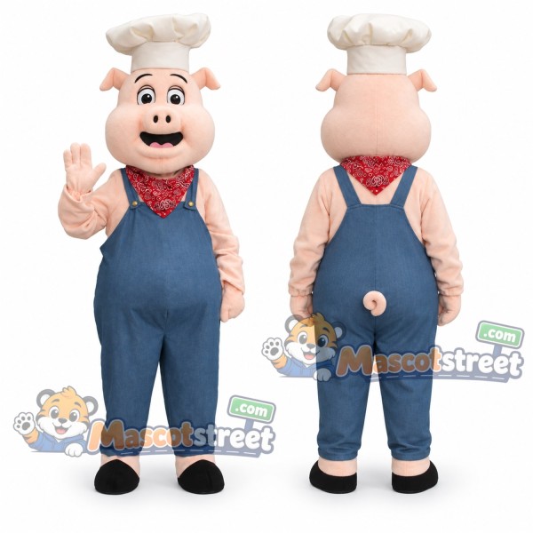Pink Pig Mascot Costume with Blue Overalls and Chef Hat