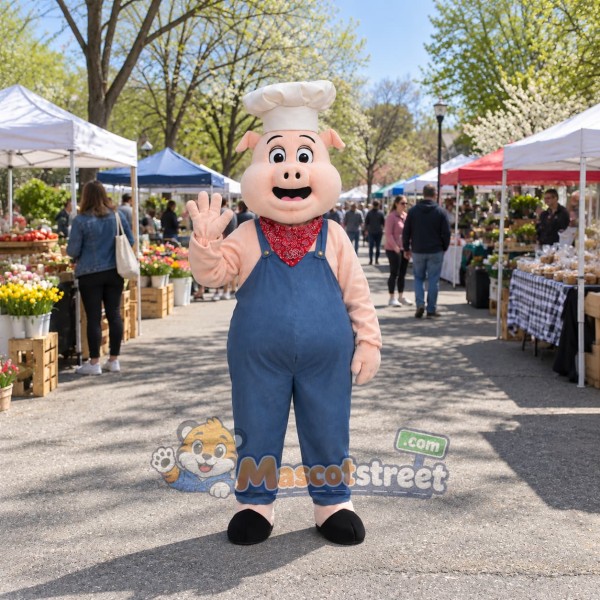 Pink Pig Mascot Costume with Blue Overalls and Chef Hat