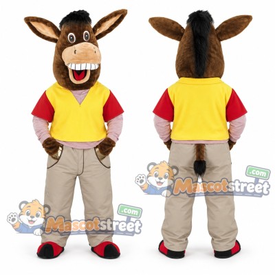 Brown Donkey Mascot Costume with Yellow Shirt and Tan Pants Brown Donkey Mascot Costume with Yellow Shirt and Tan Pants