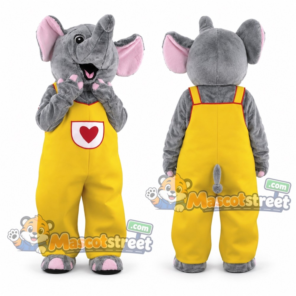Gray Elephant Mascot Costume with Yellow Overalls Gray Elephant Mascot Costume with Yellow Overalls