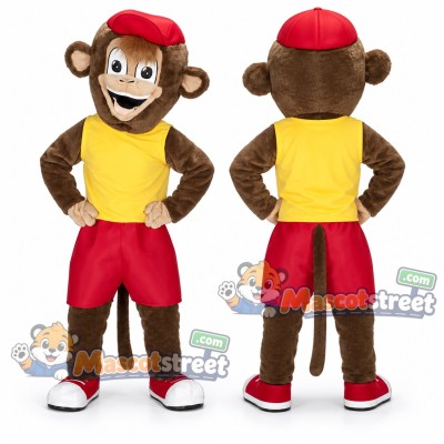 Brown Monkey Mascot Costume with Yellow Shirt, Red Shorts and Cap