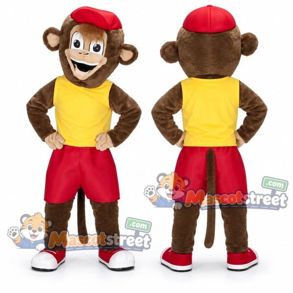 Brown Monkey Mascot Costume with Yellow Shirt, Red Shorts and Cap