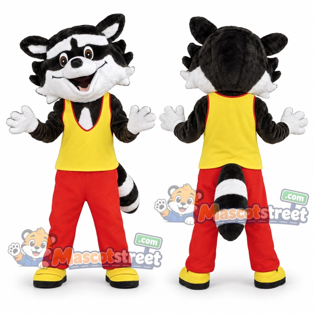 Gray Raccoon Mascot Costume with Yellow Shirt and Red Pants