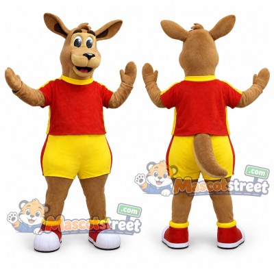 Brown Kangaroo Mascot Costume with Red Shirt and Yellow Shorts