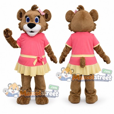 Brown Lion Cub Mascot Costume with Pink Shirt and Yellow Skirt