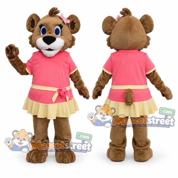 Brown Lion Cub Mascot Costume with Pink Shirt and Yellow Skirt