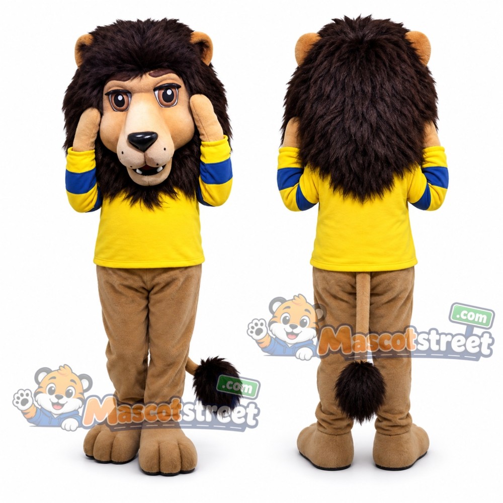 Tan Lion Mascot Costume with Yellow Shirt Tan Lion Mascot Costume with Yellow Shirt