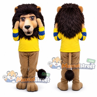 Tan Lion Mascot Costume with Yellow Shirt Tan Lion Mascot Costume with Yellow Shirt