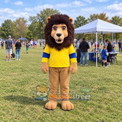 Tan Lion Mascot Costume with Yellow Shirt Tan Lion Mascot Costume with Yellow Shirt
