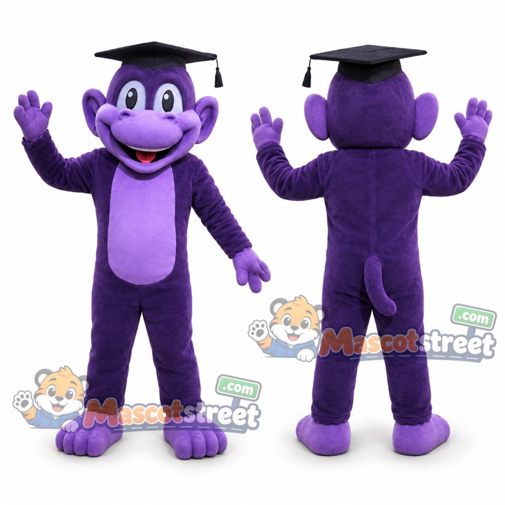 Purple Monkey Mascot Costume with Graduation Cap Purple Monkey Mascot Costume with Graduation Cap