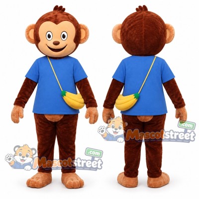 Brown Monkey Mascot Costume with Blue Shirt and Yellow Shoulder Bag Brown Monkey Mascot Costume with Blue Shirt and Yellow Shoulder Bag