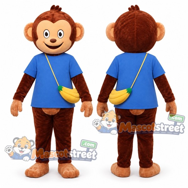 Brown Monkey Mascot Costume with Blue Shirt and Yellow Shoulder Bag