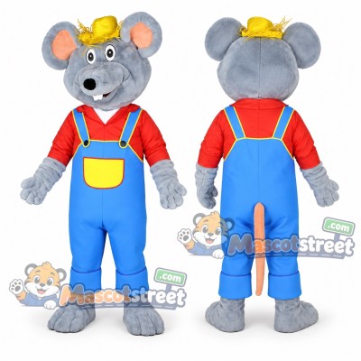 Gray Mouse Mascot Costume with Red Shirt, Blue Overalls and Yellow Bow