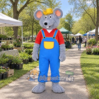 Gray Mouse Mascot Costume with Red Shirt, Blue Overalls and Yellow Bow Gray Mouse Mascot Costume with Red Shirt, Blue Overalls and Yellow Bow