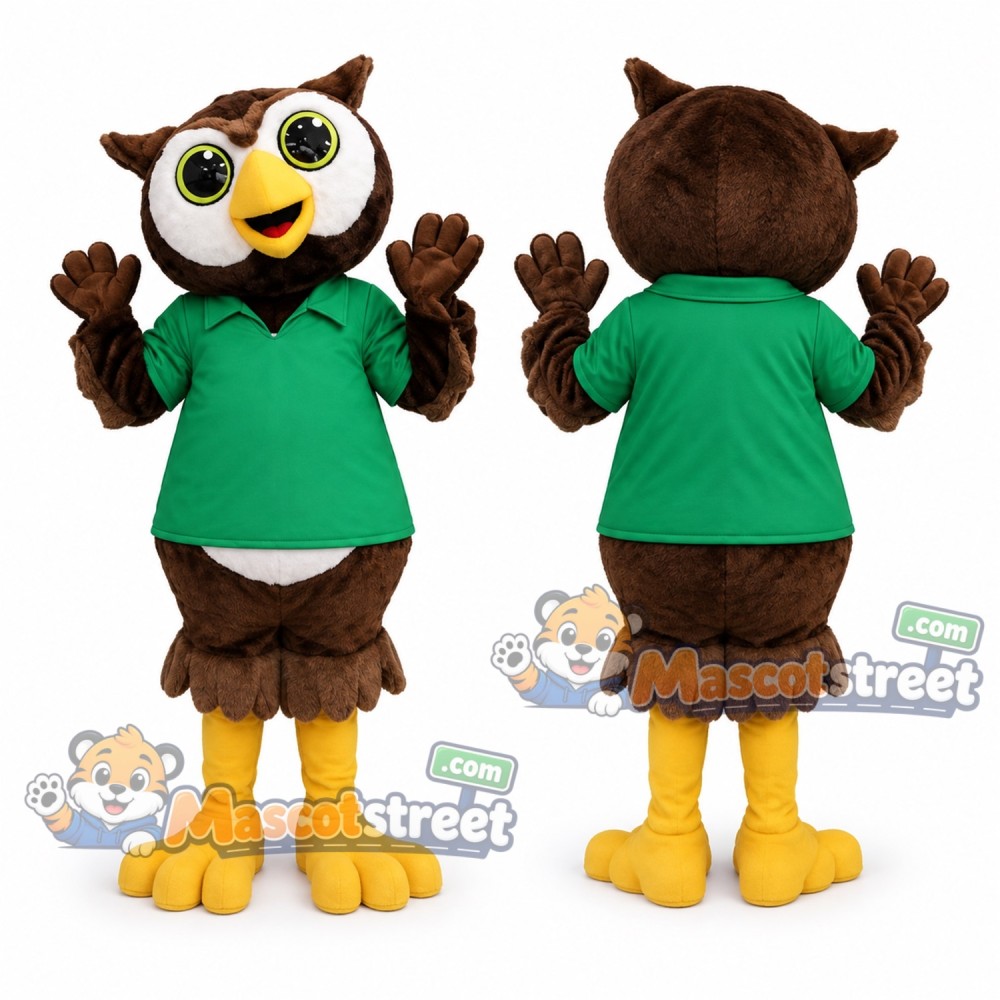 Brown Owl Mascot Costume with Green Shirt Brown Owl Mascot Costume with Green Shirt
