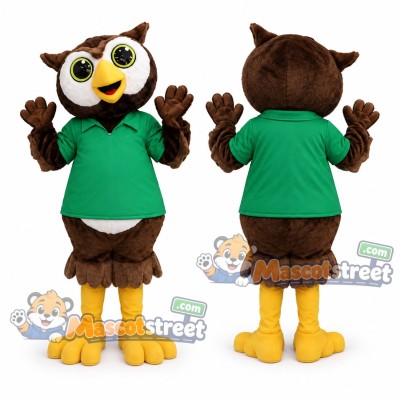 Brown Owl Mascot Costume with Green Shirt Brown Owl Mascot Costume with Green Shirt
