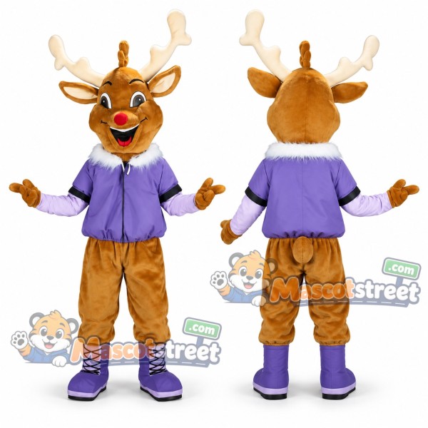 Brown Reindeer Mascot Costume with Purple Shirt