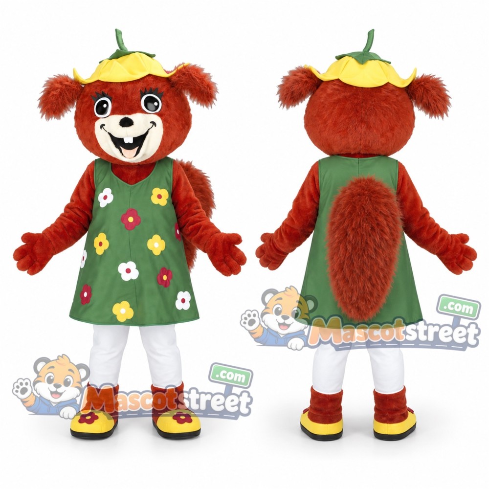 Brown Squirrel Mascot Costume with Green Floral Dress and Yellow Hat