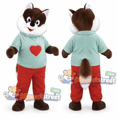 Brown Squirrel Mascot Costume with Teal Heart Shirt and Red Pants Brown Squirrel Mascot Costume with Teal Heart Shirt and Red Pants