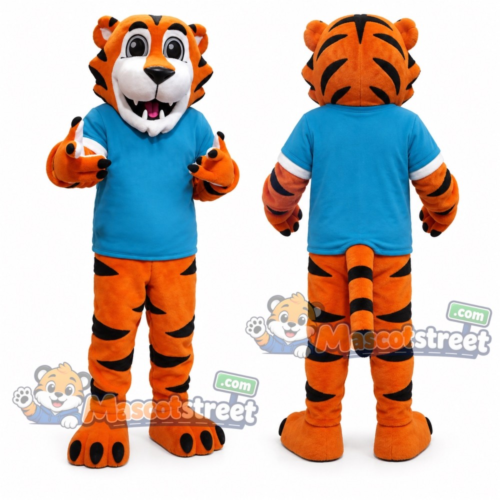 Orange Tiger Mascot Costume with Blue Shirt Orange Tiger Mascot Costume with Blue Shirt