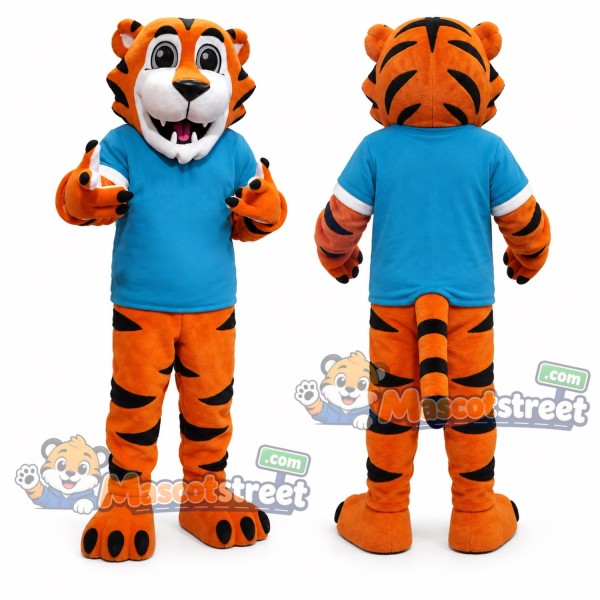 Orange Tiger Mascot Costume with Blue Shirt