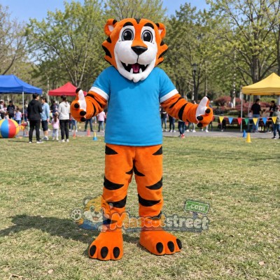 Orange Tiger Mascot Costume with Blue Shirt