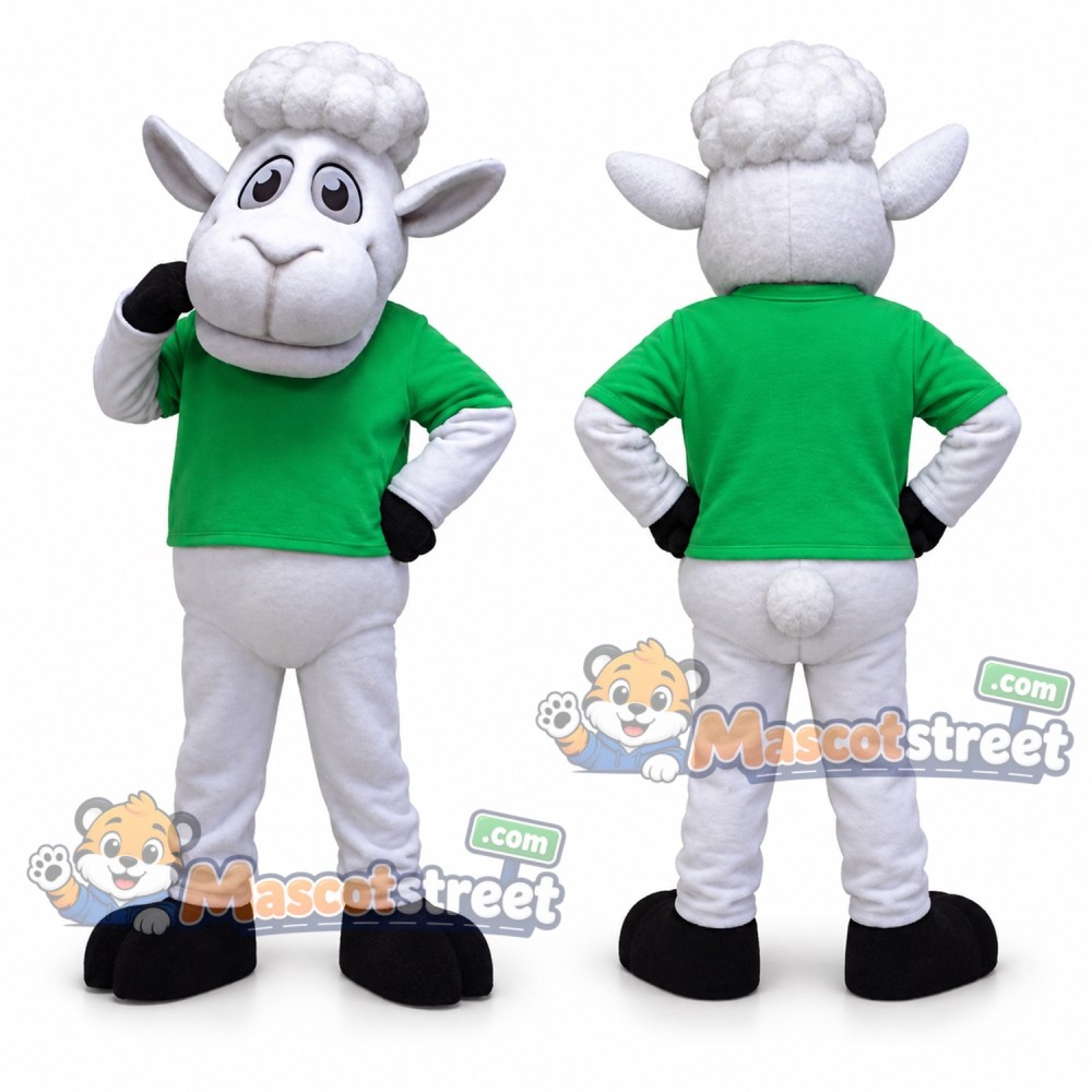 White Sheep Mascot Costume with Green Shirt White Sheep Mascot Costume with Green Shirt