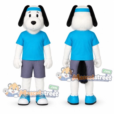 White Dog Mascot Costume with Blue Shirt and Gray Shorts White Dog Mascot Costume with Blue Shirt and Gray Shorts