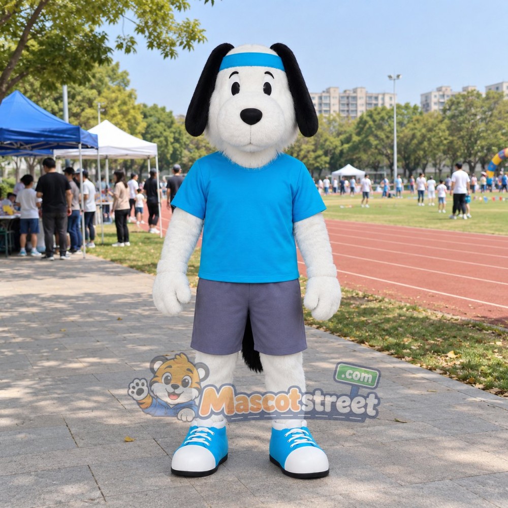 White Dog Mascot Costume with Blue Shirt and Gray Shorts