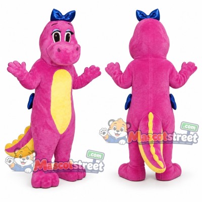 Pink Dinosaur Mascot Costume with Blue Hair Bow Pink Dinosaur Mascot Costume with Blue Hair Bow