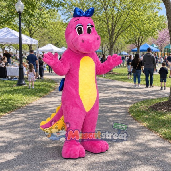 Pink Dinosaur Mascot Costume with Blue Hair Bow