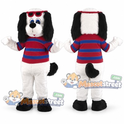 Black and White Dog Mascot Costume with Red and Blue Striped Shirt