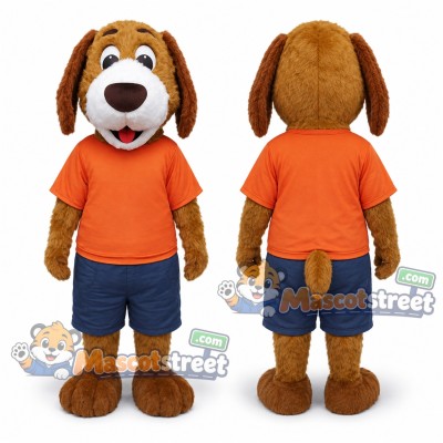 Brown Dog Mascot Costume with Orange Shirt and Navy Shorts Brown Dog Mascot Costume with Orange Shirt and Navy Shorts