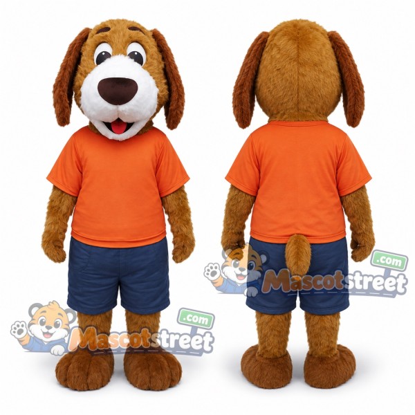 Brown Dog Mascot Costume with Orange Shirt and Navy Shorts