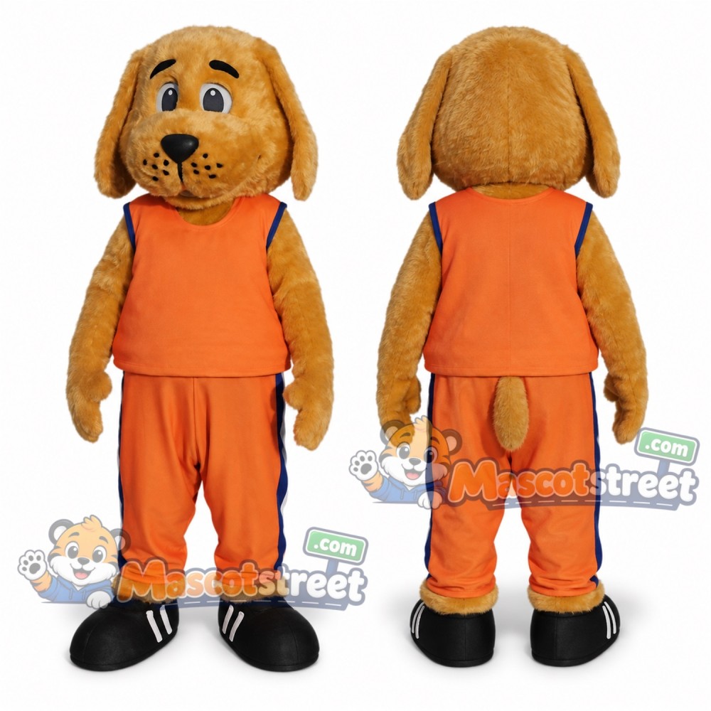 Tan Dog Mascot Costume with Orange Sports Uniform Tan Dog Mascot Costume with Orange Sports Uniform