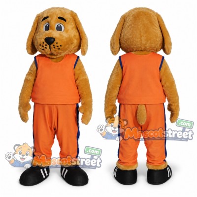 Tan Dog Mascot Costume with Orange Sports Uniform Tan Dog Mascot Costume with Orange Sports Uniform