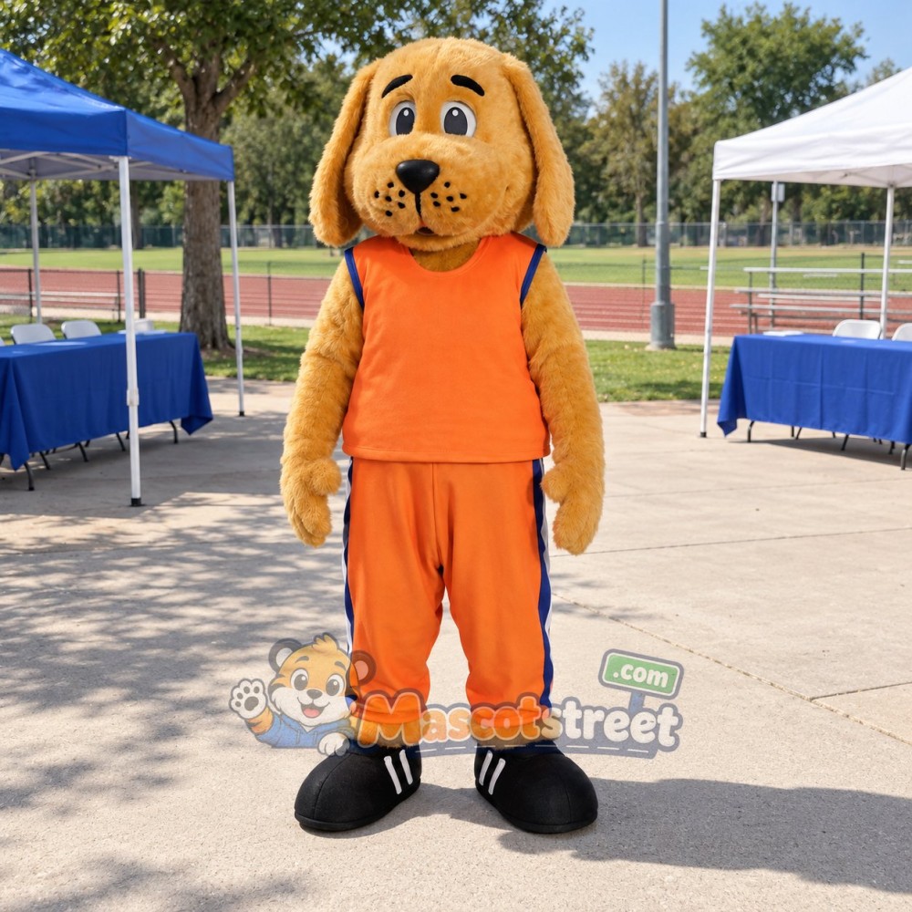 Tan Dog Mascot Costume with Orange Sports Uniform