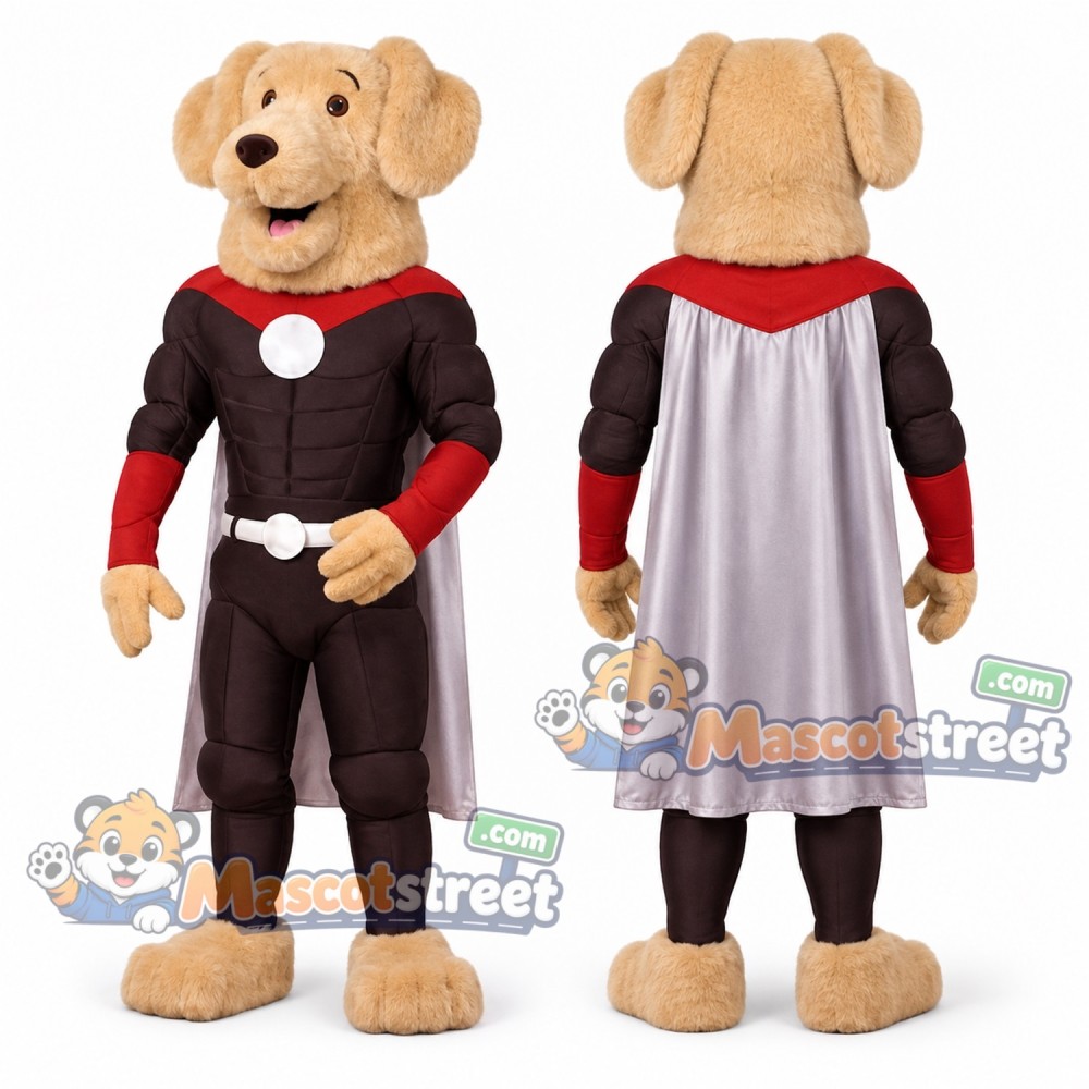 Tan Dog Mascot Costume with Black Superhero Suit and Gray Cape
