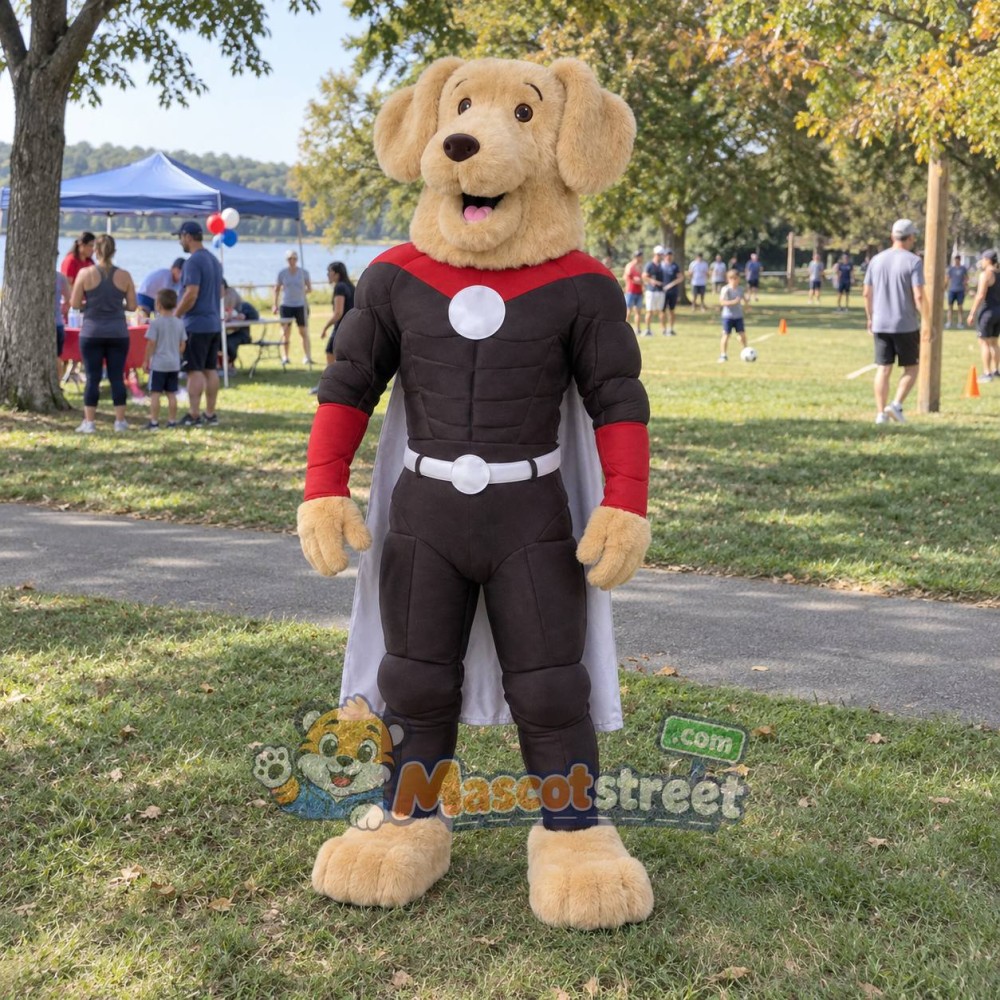 Tan Dog Mascot Costume with Black Superhero Suit and Gray Cape Tan Dog Mascot Costume with Black Superhero Suit and Gray Cape
