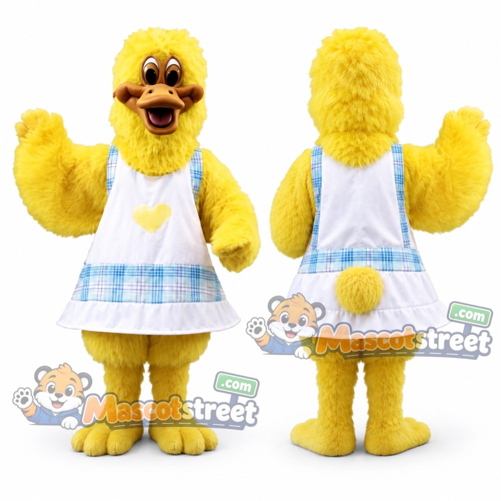 Yellow Duck Mascot Costume with White and Blue Dress