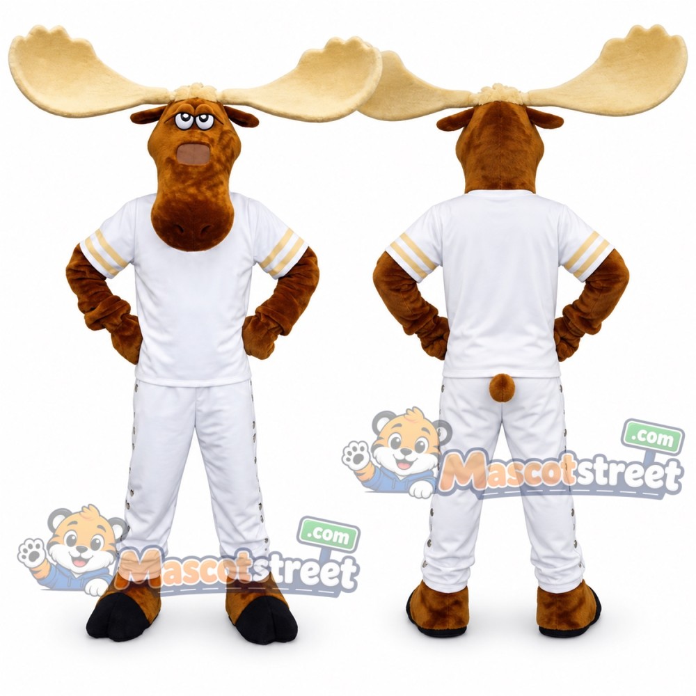 Brown Moose Mascot Costume with White Sports Uniform